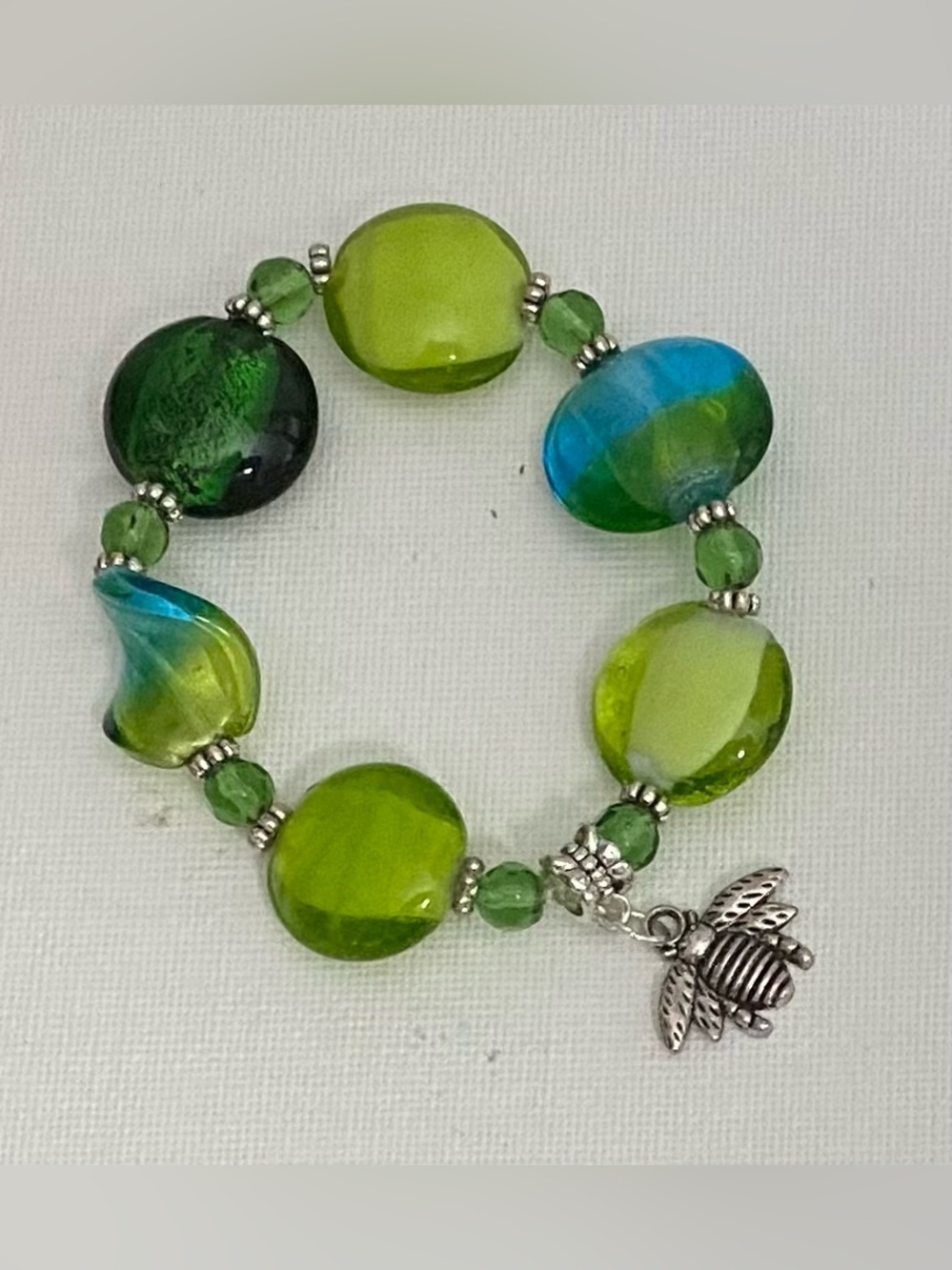 #5 Lampwork Teal & Green glass  bead  stretch bracelet